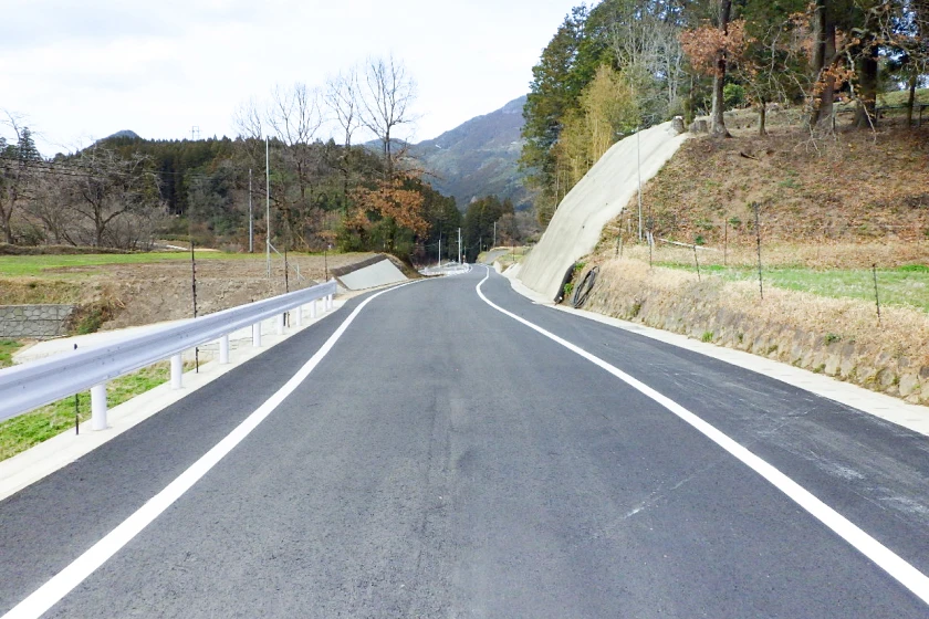 田園地帯を通るアスファルト舗装済みの山間道路